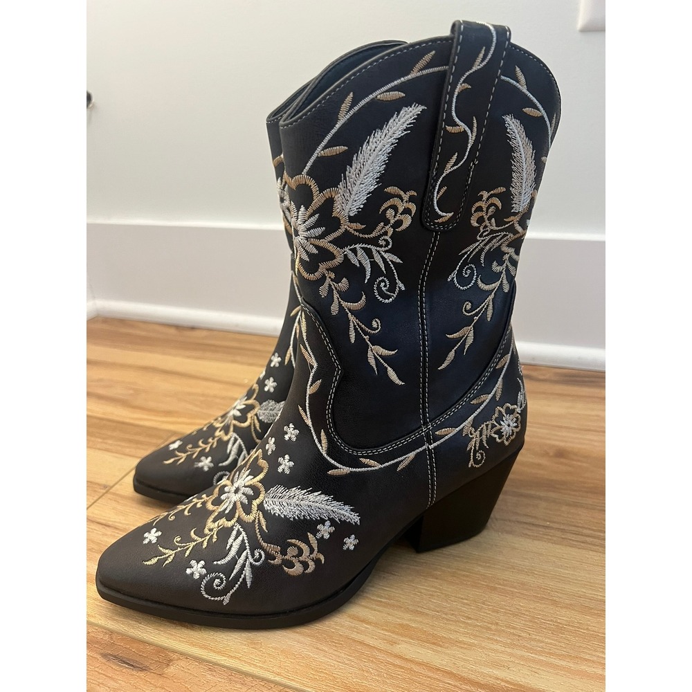 Anjou Femme Black Embroidered Western Cowboy Boots Floral Boho Wm 8.5/ Size‎ 39
